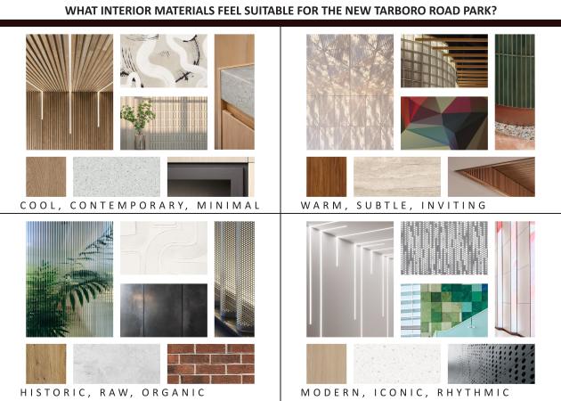 What interior building materials themes would you like to see in the new Tarboro Road Community Center? Feel free to use the images below for inspiration or share your own ideas. (click on image to enlarge)