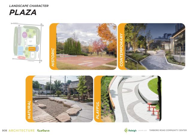 The Concept Plan features an exterior plaza space between the St. Monica Teen Center and the new Community Center. Using the images below as inspiration what design themes do you envision for this space? (click on image to enlarge)