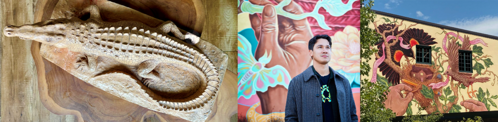 Image of artist Gabriel Eng-Goetz and his sculpture of an alligator