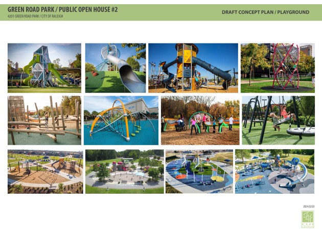 The Draft Concept Design for Green Road Park currently proposes replacing the existing playground with a new playground layout surfacing and equipment. What types of playground equipment or elements would you like to see included in the future playground designs?