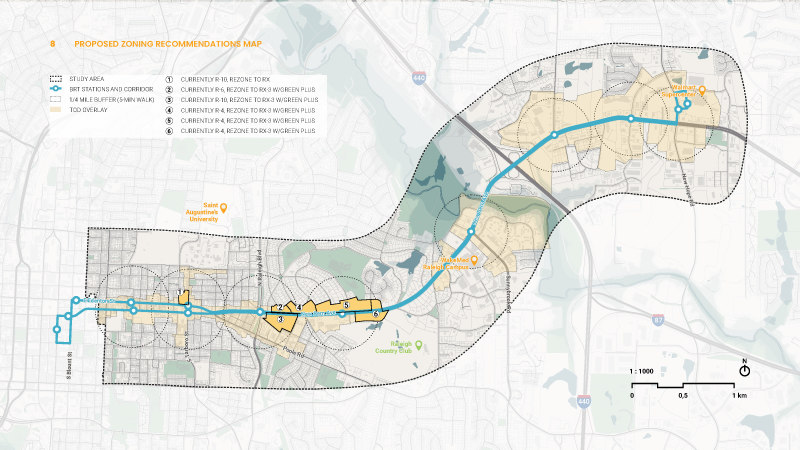 To achieve the goals of growing around transit and of ensuring that the portion of New Bern Avenue between Raleigh Boulevard and WakeMed continues to have a green appearance and robust tree canopy a recommendation is to change the zoning in this section of the corridor. The Residential Mixed Use (RX) category would allow more housing choice and small scale retail at intersections along New Bern. The Green Plus frontage would require that new trees be planted and encourage retention of existing trees along New Bern as well as requiring a 30-foot setback from the street. See the map for where this zoning district is proposed to be applied. How well does this map achieve the goal above?