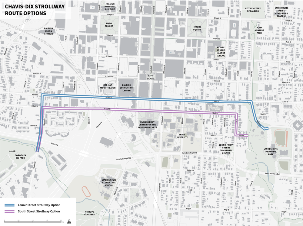 Map showing strollway route options in Raleigh