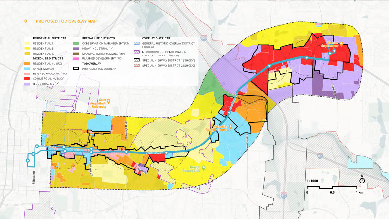 To achieve the goals of growing around transit and improving affordability a recommendation is to apply a new zoning type called the TOD overlay. That would allow additional height beyond three stories if a building includes employment-generating uses or for residential buildings units that are affordable to households that make 60 percent or less of area median income. This zone would also prohibit new drive-thrus and other new auto-oriented buildings. See the map for where this zoning district is proposed to be applied. How well does this map achieve the goal above?